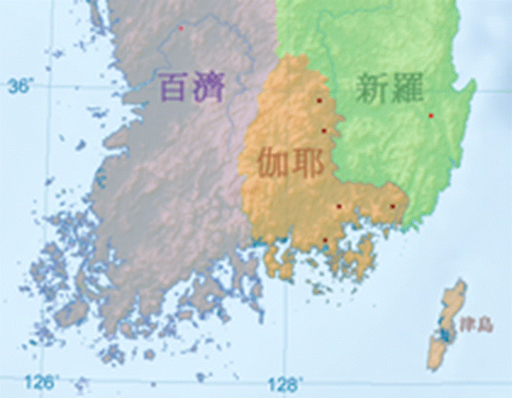 三国時代、4～5世紀半ばの朝鮮半島左は韓国の教科書で見られる範囲、右は日本の教科書で見られる範囲。半島西南部の解釈には諸説がある。