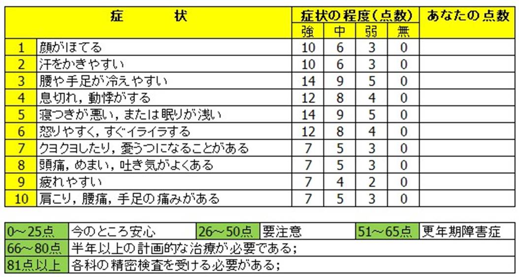 更年期障害症の自己診断チェック表